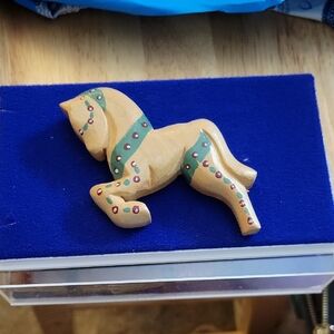 Wooden Horse Brooch with Green and Red Accents